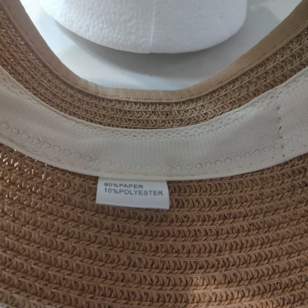 Women Wide Brim Hand‎ Painted Paper Hat Adjustable Open Top Sweat Band Brown Bow